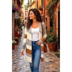 Fortune & Ivy Layla Seamless Open Cardigan Cream,Tan & Grey L